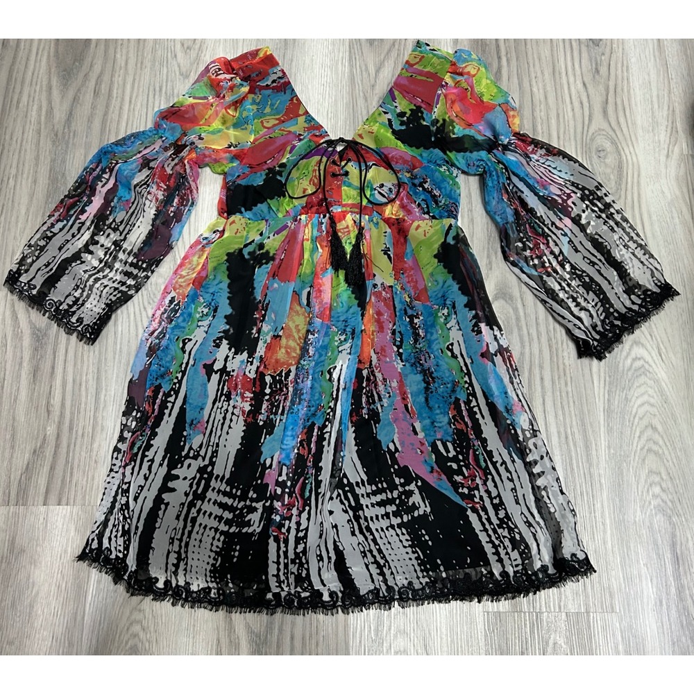 Vintage Oleg Cassini Womens Abstract Print Chiffon Lace Mini Dress Multicolor 6
